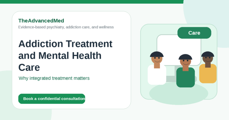 Animated healthcare team supporting a patient through integrated addiction treatment and mental health care.