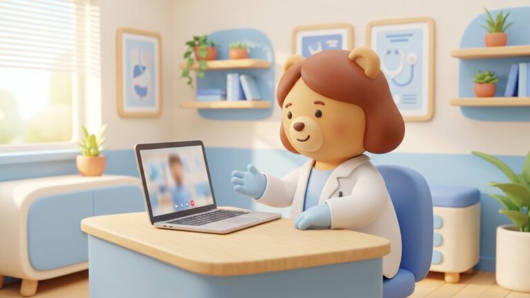 Animated healthcare provider conducting a telehealth Suboxone consultation via laptop