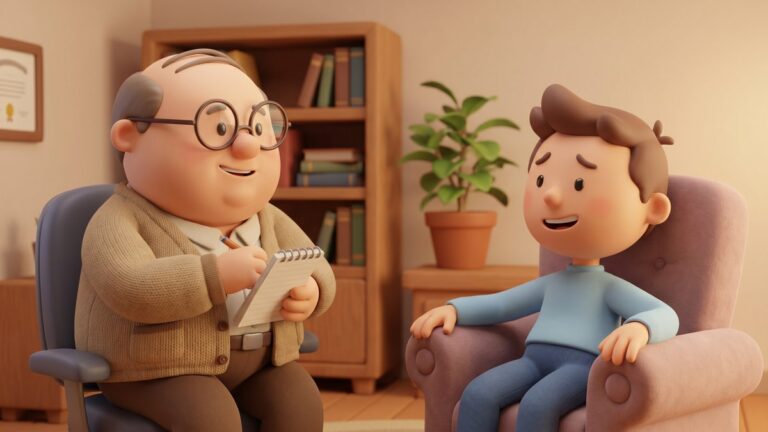 Animated psychiatrist and patient in a compassionate therapy session