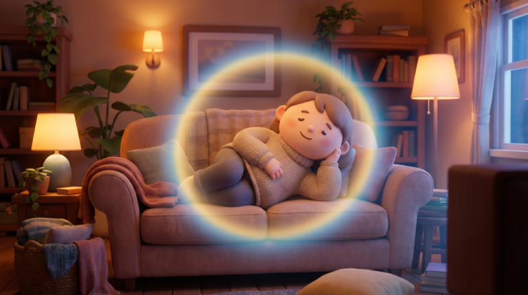 Animated person at peace on a couch symbolizing recovery and relief from opioid withdrawal