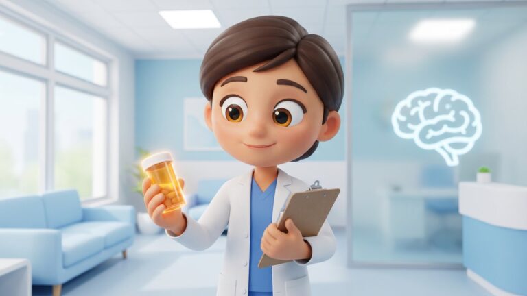 Animated doctor character holding medication bottle explaining Medication-Assisted Treatment