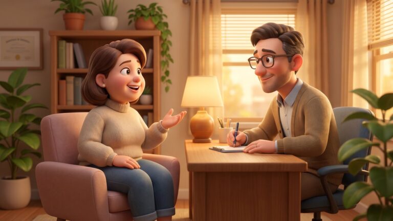 Animated patient and doctor having an open conversation about mental health in a warm office