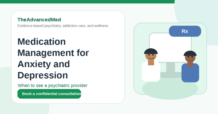 Animated psychiatric provider discussing medication management for anxiety and depression with an adult patient.