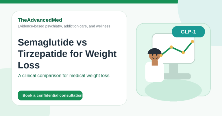 Animated clinician reviewing GLP-1 medical weight-loss options with a patient beside a health progress chart.