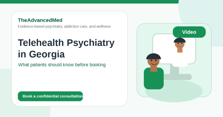 Animated patient joining a private telehealth psychiatry appointment from home in Georgia.