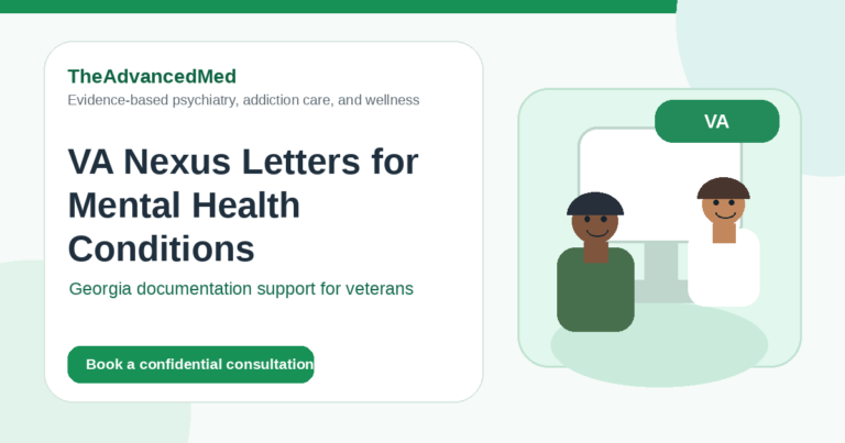 Animated veteran speaking with a mental health clinician about VA nexus letter documentation in Georgia.